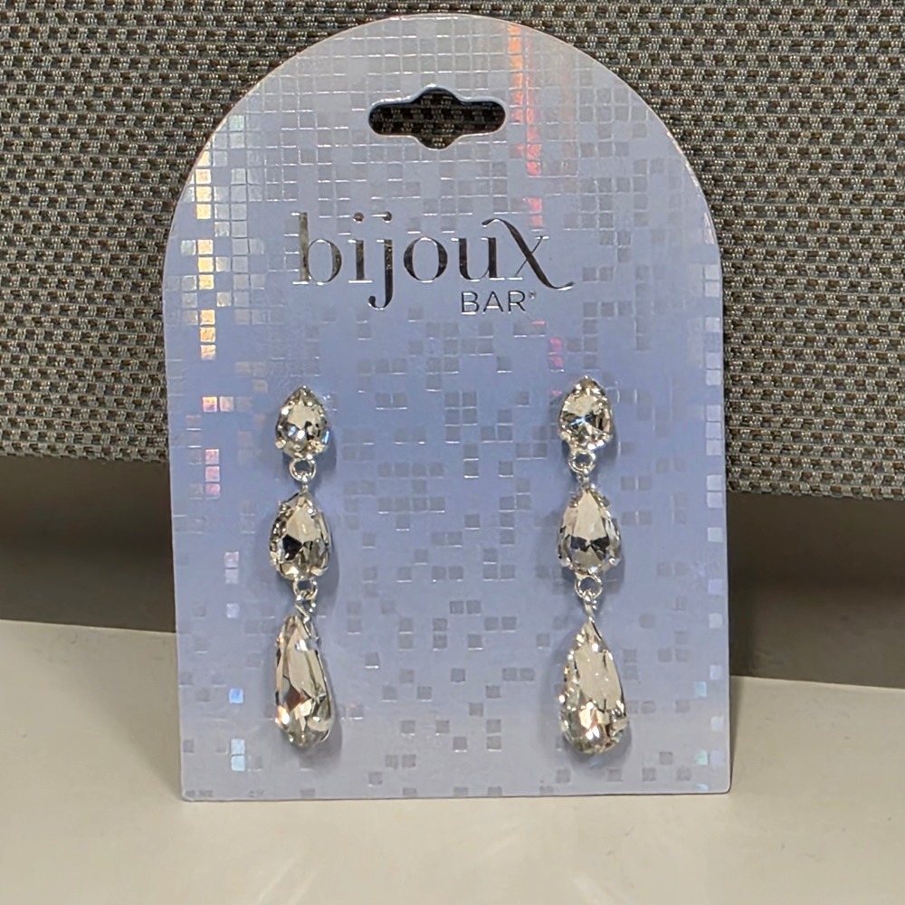 Bijoux Bar Silver Tone Triple Tier Clear Crystal Pear Drop Earrings NWT 104070PE